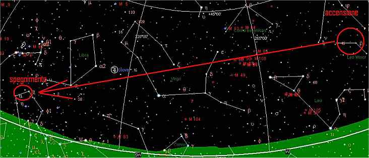 Disegno su mappa stellare del percorso del bolide osservato il 23 giugno da Giorgio Baj 